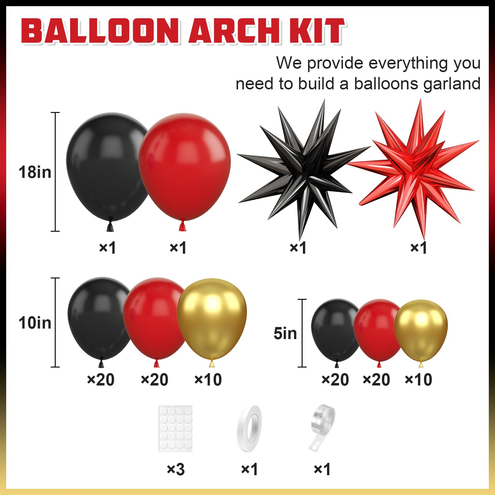 BTZO Red Black Gold Balloon Arch Kit – 104 Piece Party Garland with Star Foil Balloons