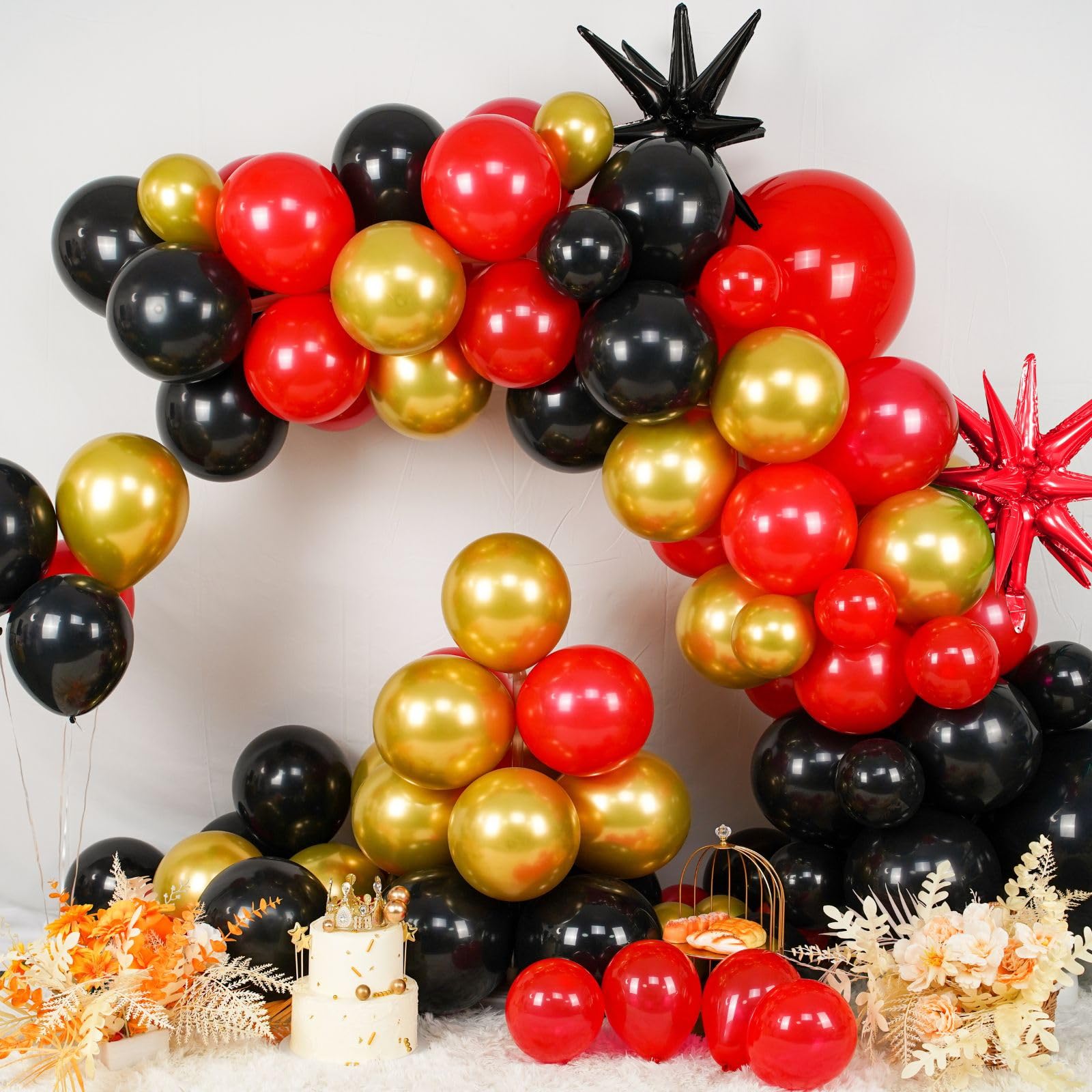 BTZO Red Black Gold Balloon Arch Kit – 104 Piece Party Garland with Star Foil Balloons