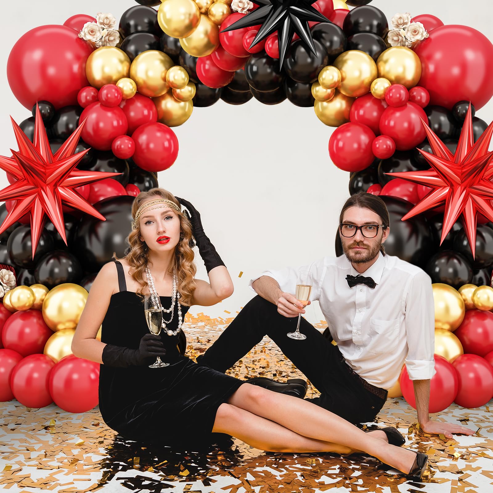 BTZO Red Black Gold Balloon Arch Kit – 104 Piece Party Garland with Star Foil Balloons