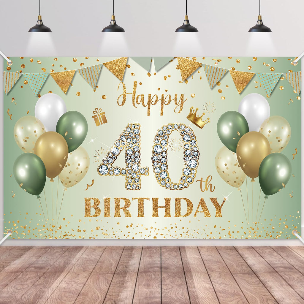BTZO Sage Green Gold 40th Birthday Banner – Large Polyester Backdrop for Men Women Party Decorations