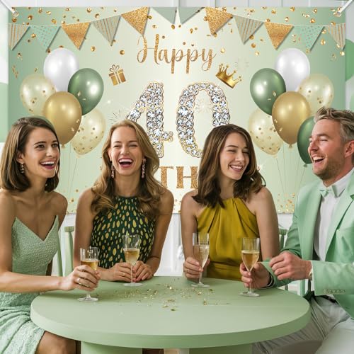 BTZO Sage Green Gold 40th Birthday Banner – Large Polyester Backdrop for Men Women Party Decorations