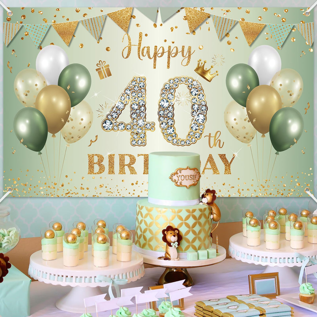 BTZO Sage Green Gold 40th Birthday Banner – Large Polyester Backdrop for Men Women Party Decorations