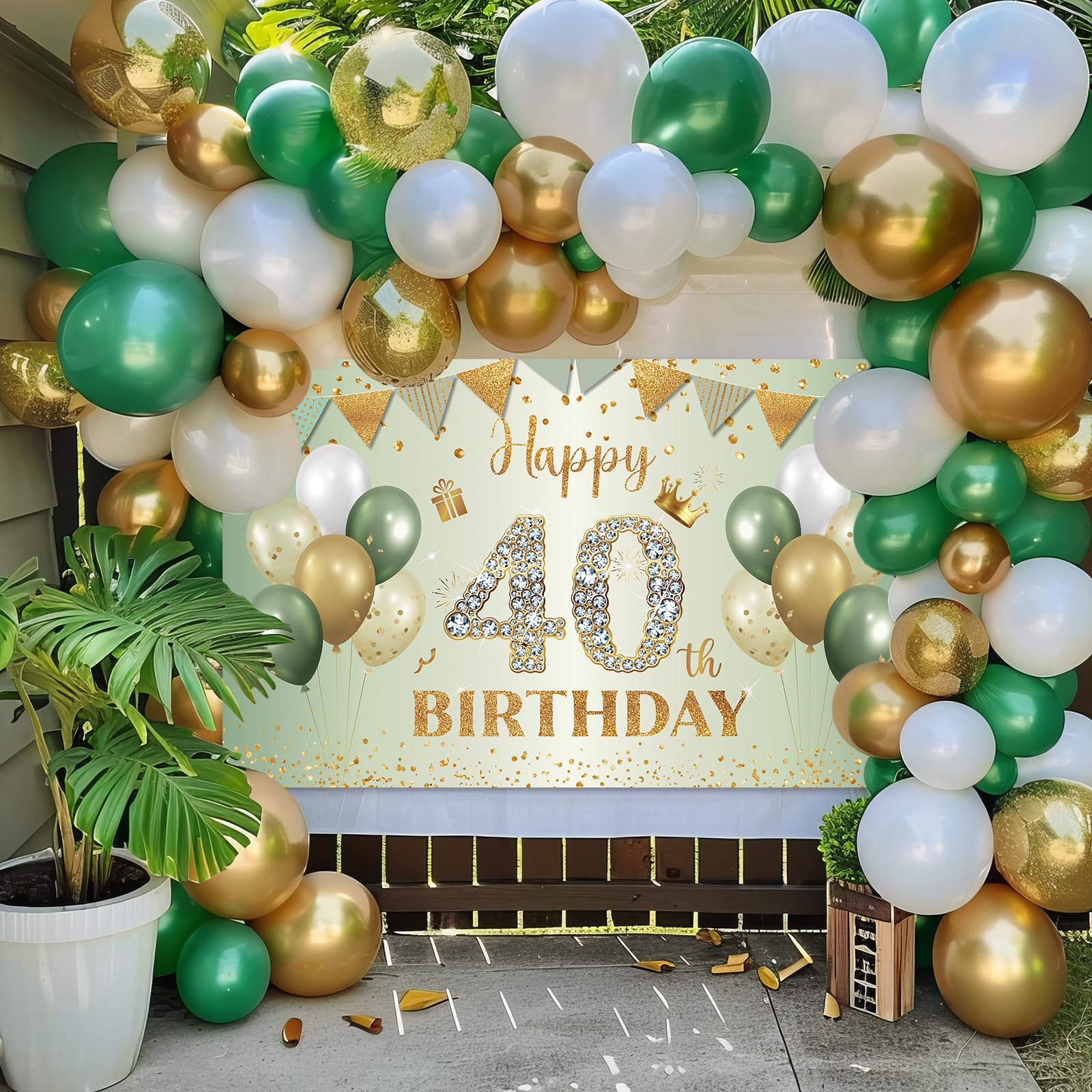 BTZO Sage Green Gold 40th Birthday Banner – Large Polyester Backdrop for Men Women Party Decorations