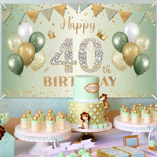 BTZO Sage Green Gold 40th Birthday Banner – Large Polyester Backdrop for Men Women Party Decorations