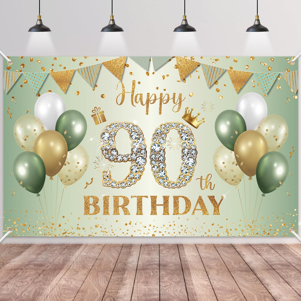 BTZO Sage Green Gold 90th Birthday Banner - Large Fabric Backdrop for Party