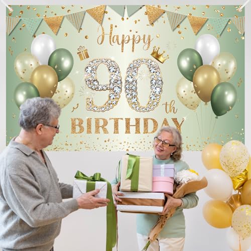 BTZO Sage Green Gold 90th Birthday Banner - Large Fabric Backdrop for Party