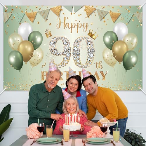 BTZO Sage Green Gold 90th Birthday Banner - Large Fabric Backdrop for Party