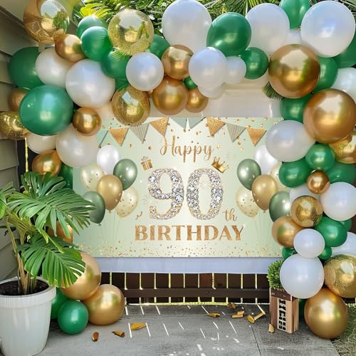 BTZO Sage Green Gold 90th Birthday Banner - Large Fabric Backdrop for Party