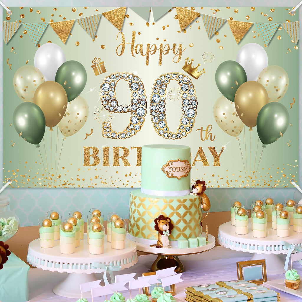 BTZO Sage Green Gold 90th Birthday Banner - Large Fabric Backdrop for Party