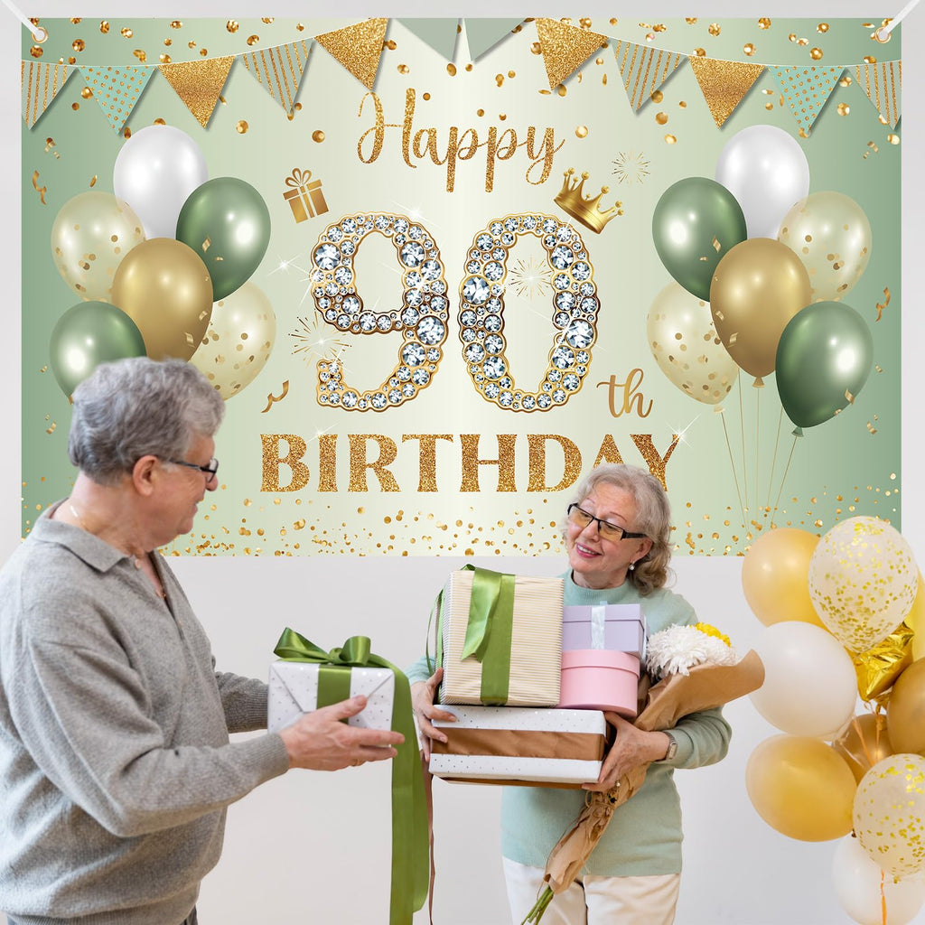 BTZO Sage Green Gold 90th Birthday Banner - Large Fabric Backdrop for Party