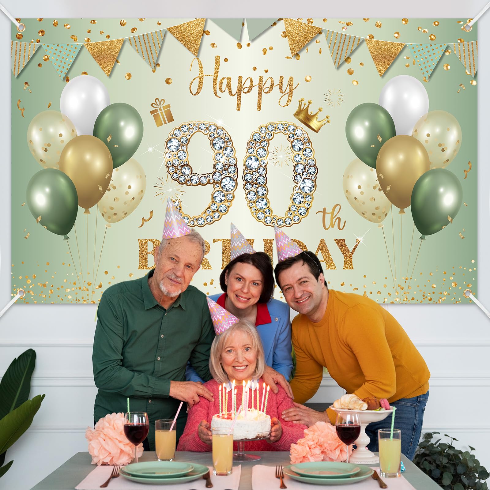 BTZO Sage Green Gold 90th Birthday Banner - Large Fabric Backdrop for Party