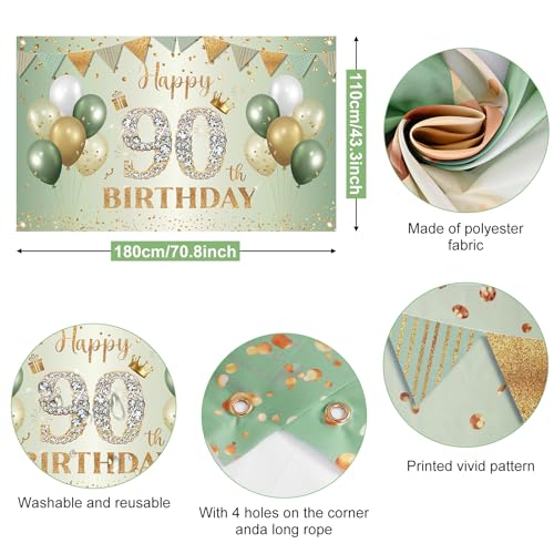 BTZO Sage Green Gold 90th Birthday Banner - Large Fabric Backdrop for Party