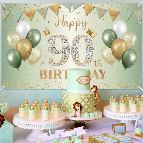 BTZO Sage Green Gold 90th Birthday Banner - Large Fabric Backdrop for Party