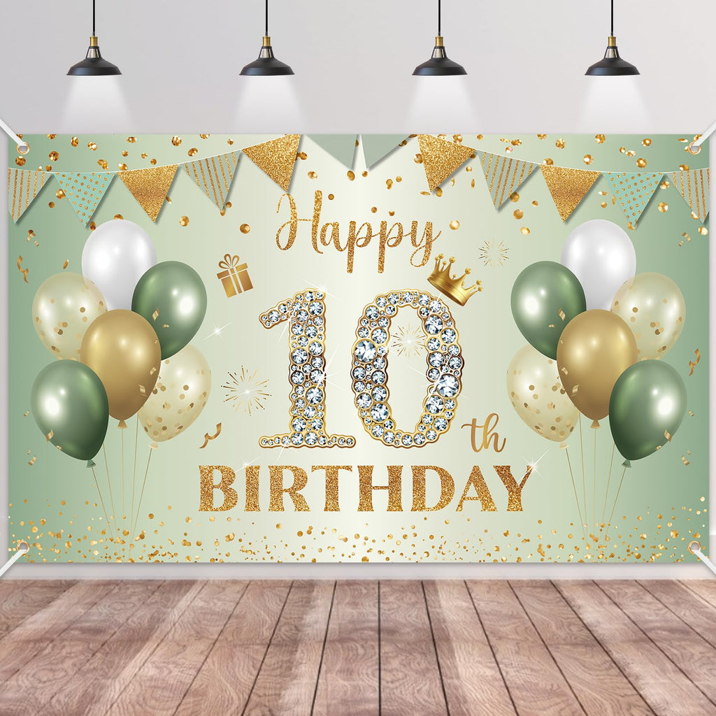 BTZO Sage Green Gold Happy 10th Birthday Banner – Fabric Backdrop for Boys & Girls Party Decorations