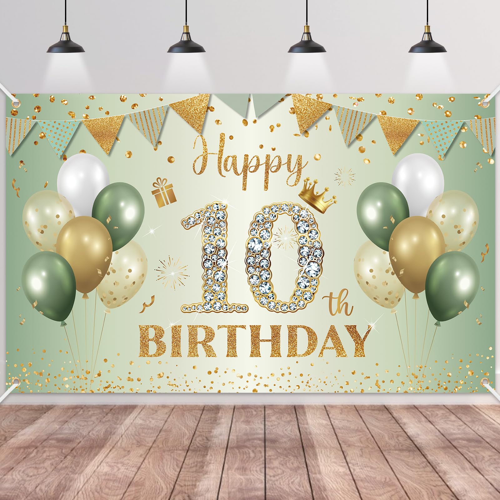 BTZO Sage Green Gold Happy 10th Birthday Banner – Fabric Backdrop for Boys & Girls Party Decorations