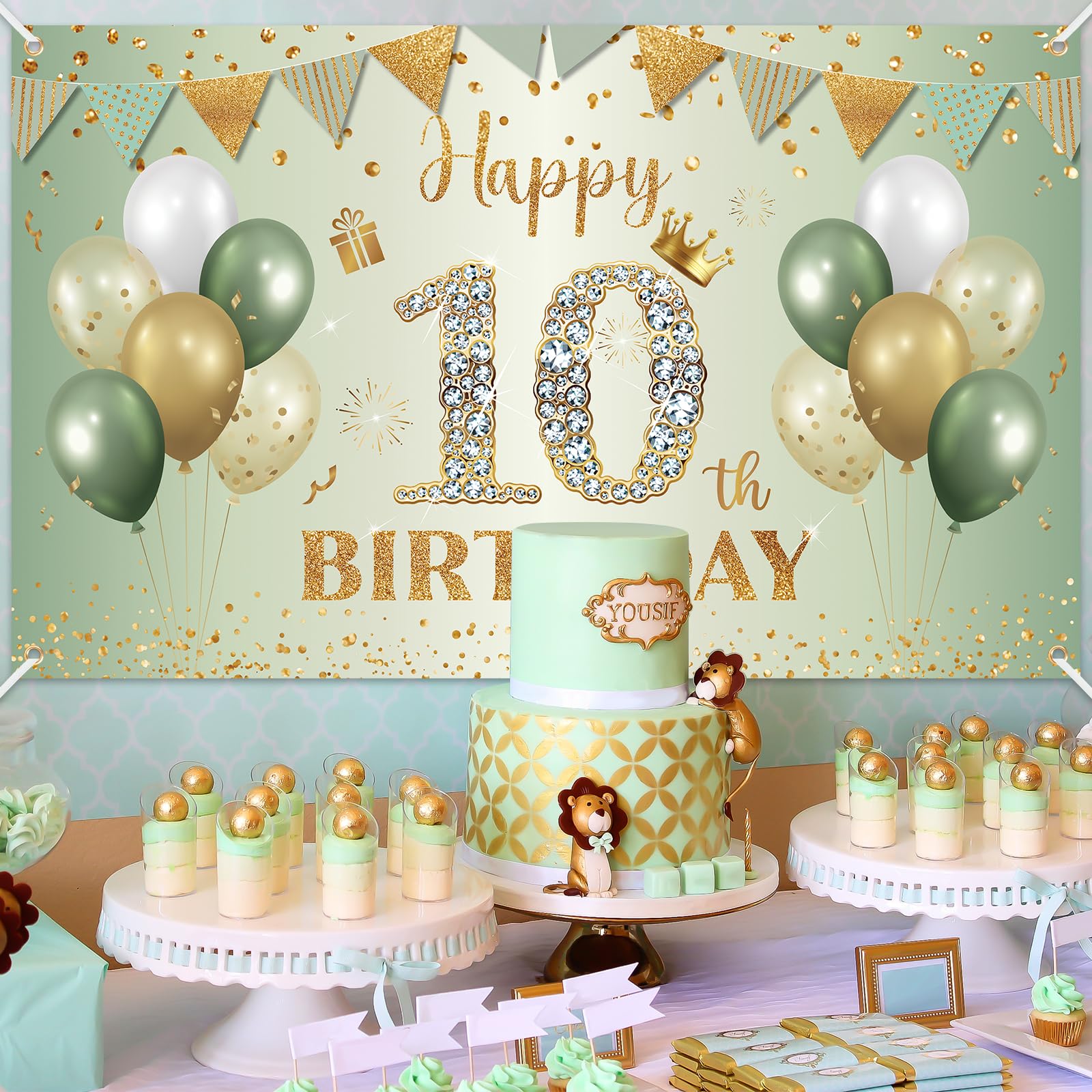 BTZO Sage Green Gold Happy 10th Birthday Banner – Fabric Backdrop for Boys & Girls Party Decorations