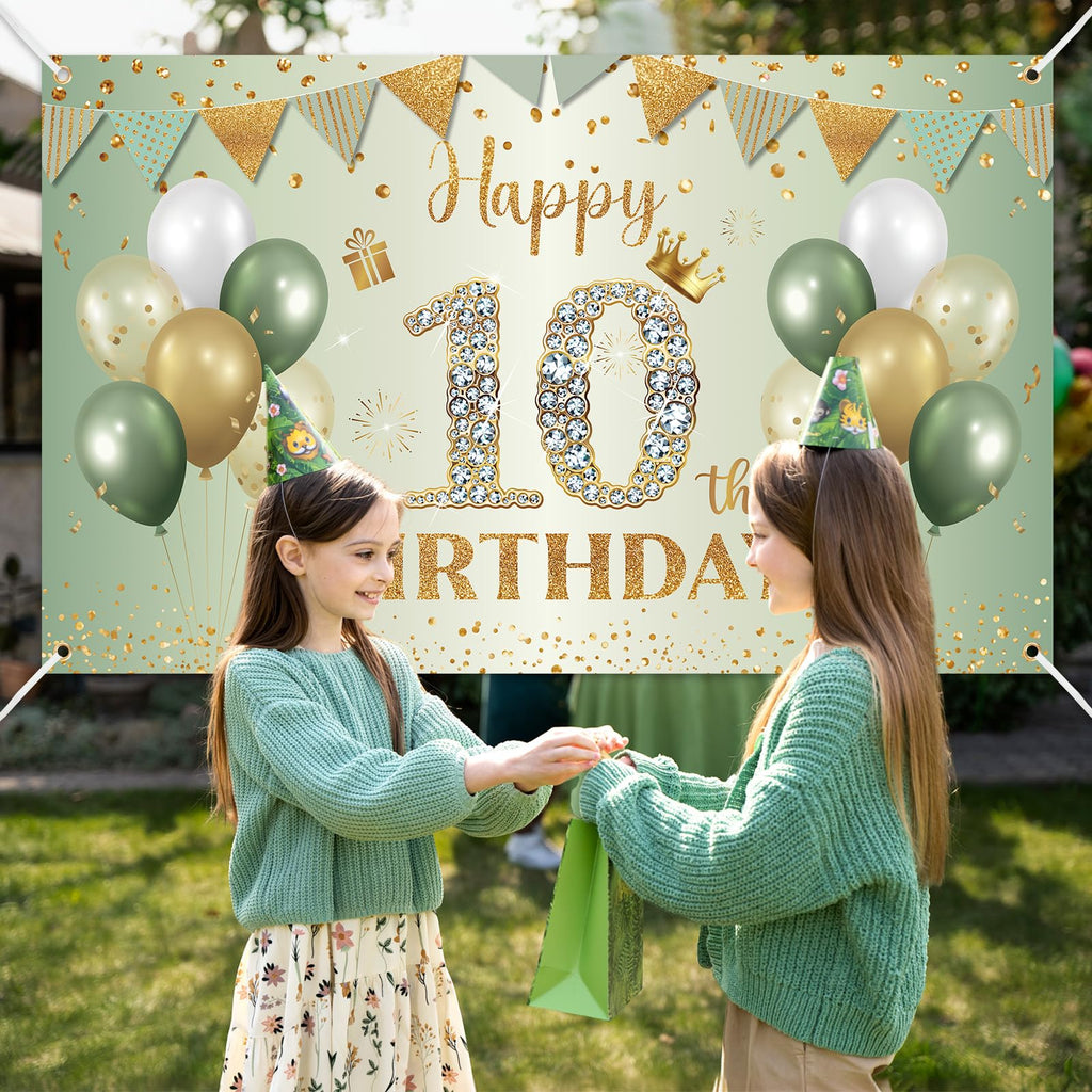 BTZO Sage Green Gold Happy 10th Birthday Banner – Fabric Backdrop for Boys & Girls Party Decorations
