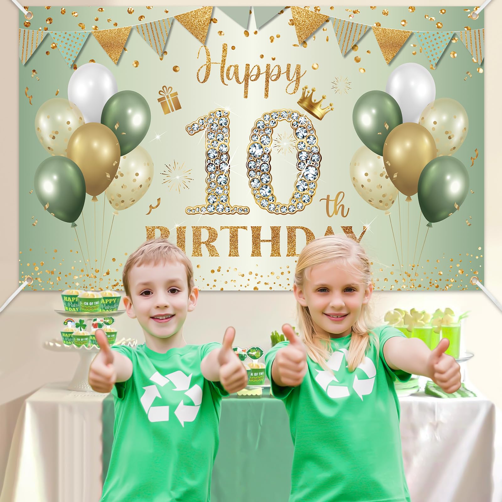 BTZO Sage Green Gold Happy 10th Birthday Banner – Fabric Backdrop for Boys & Girls Party Decorations