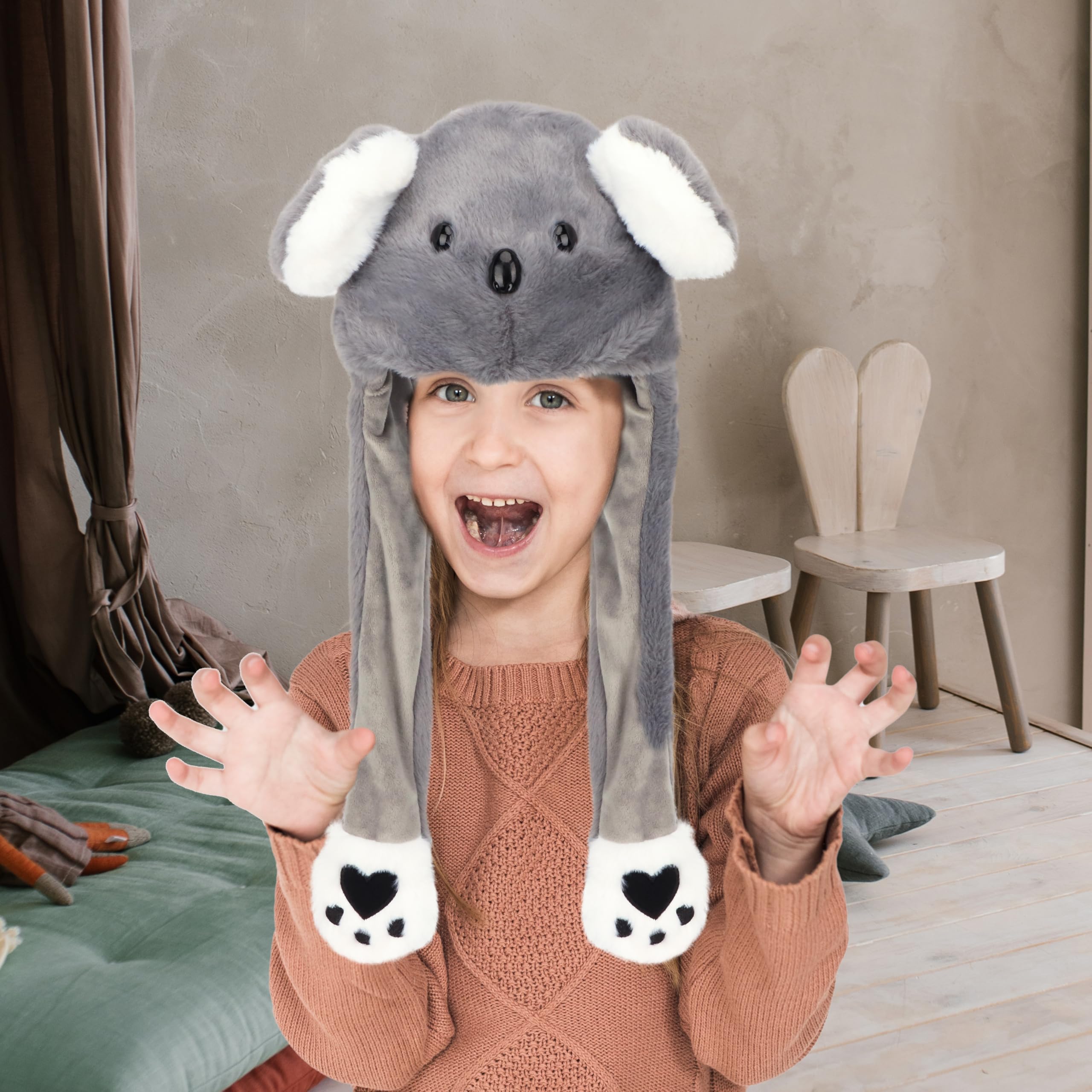 Bubblepompom Animal Hat with Moving Ears – Plush Dress-Up Hat for Kids, Press Paws to Flap Ears, Fun for Parties and Photos