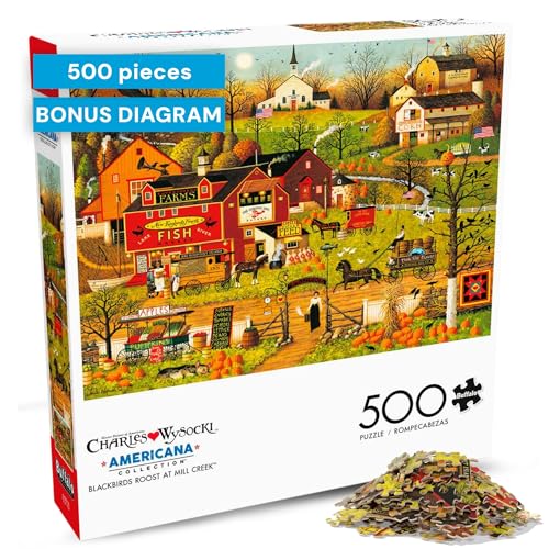 Buffalo Games Blackbirds Roost at Mill Creek 500 Piece Jigsaw Puzzle – Charles Wysocki Autumn Americana