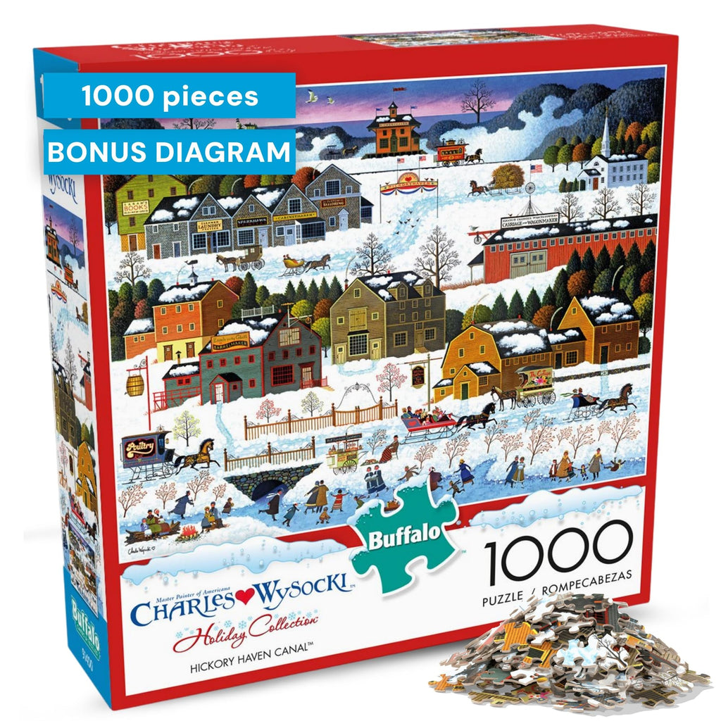 Buffalo Games Charles Wysocki Hickory Haven Canal 1000-Piece Jigsaw Puzzle – Winter Village Scene, Precision-Cut, with Poster, Ages 14+