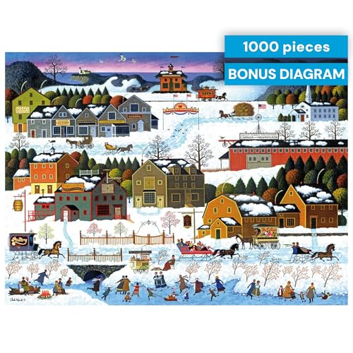 Buffalo Games Charles Wysocki Hickory Haven Canal 1000-Piece Jigsaw Puzzle – Winter Village Scene, Precision-Cut, with Poster, Ages 14+