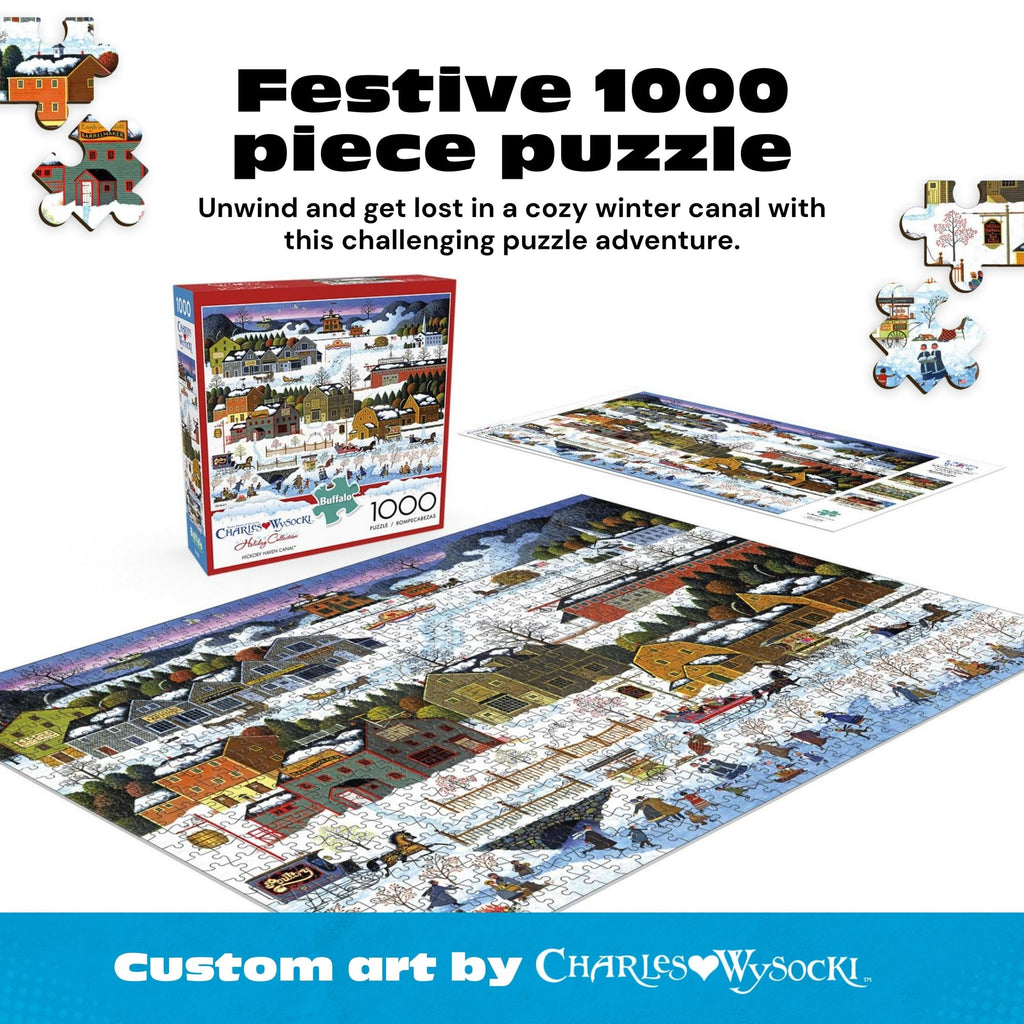 Buffalo Games Charles Wysocki Hickory Haven Canal 1000-Piece Jigsaw Puzzle – Winter Village Scene, Precision-Cut, with Poster, Ages 14+