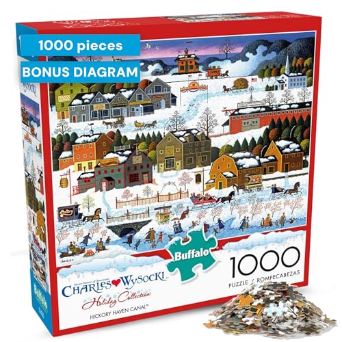 Buffalo Games Charles Wysocki Hickory Haven Canal 1000-Piece Jigsaw Puzzle – Winter Village Scene, Precision-Cut, with Poster, Ages 14+