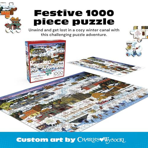 Buffalo Games Charles Wysocki Hickory Haven Canal 1000-Piece Jigsaw Puzzle – Winter Village Scene, Precision-Cut, with Poster, Ages 14+