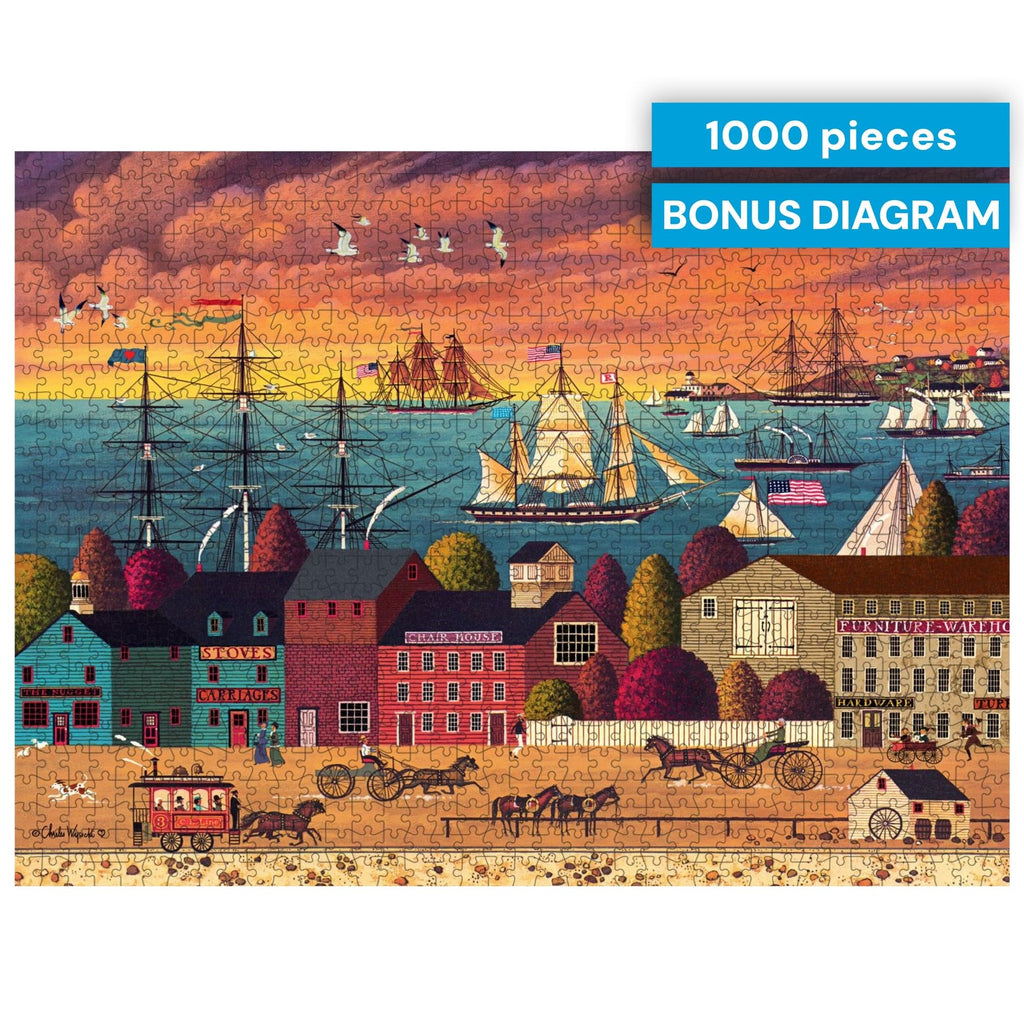 Buffalo Games Charles Wysocki Hoopla at the Harbor 1000 Piece Jigsaw Puzzle – Lively Harbor Scene, Includes Poster, 26.75 x 19.75 Inches