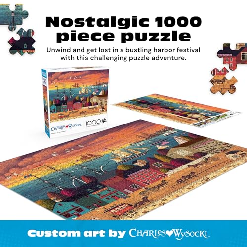 Buffalo Games Charles Wysocki Hoopla at the Harbor 1000 Piece Jigsaw Puzzle – Lively Harbor Scene, Includes Poster, 26.75 x 19.75 Inches