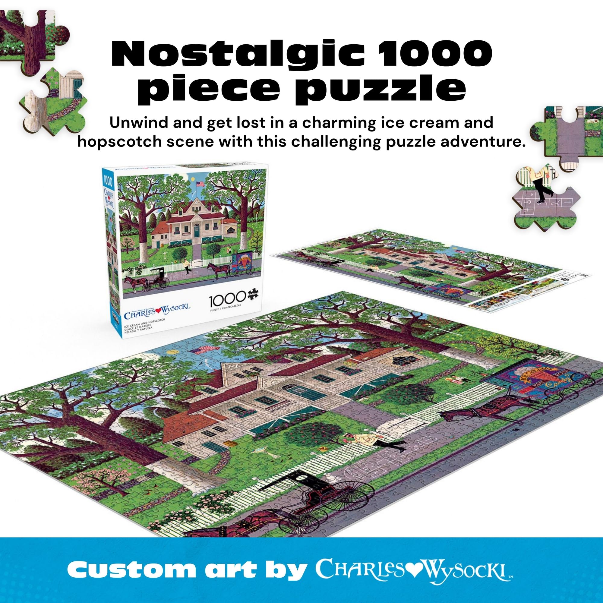 Buffalo Games Charles Wysocki Ice Cream & Hopscotch 1000-Piece Jigsaw Puzzle - Americana Art, Bonus Poster