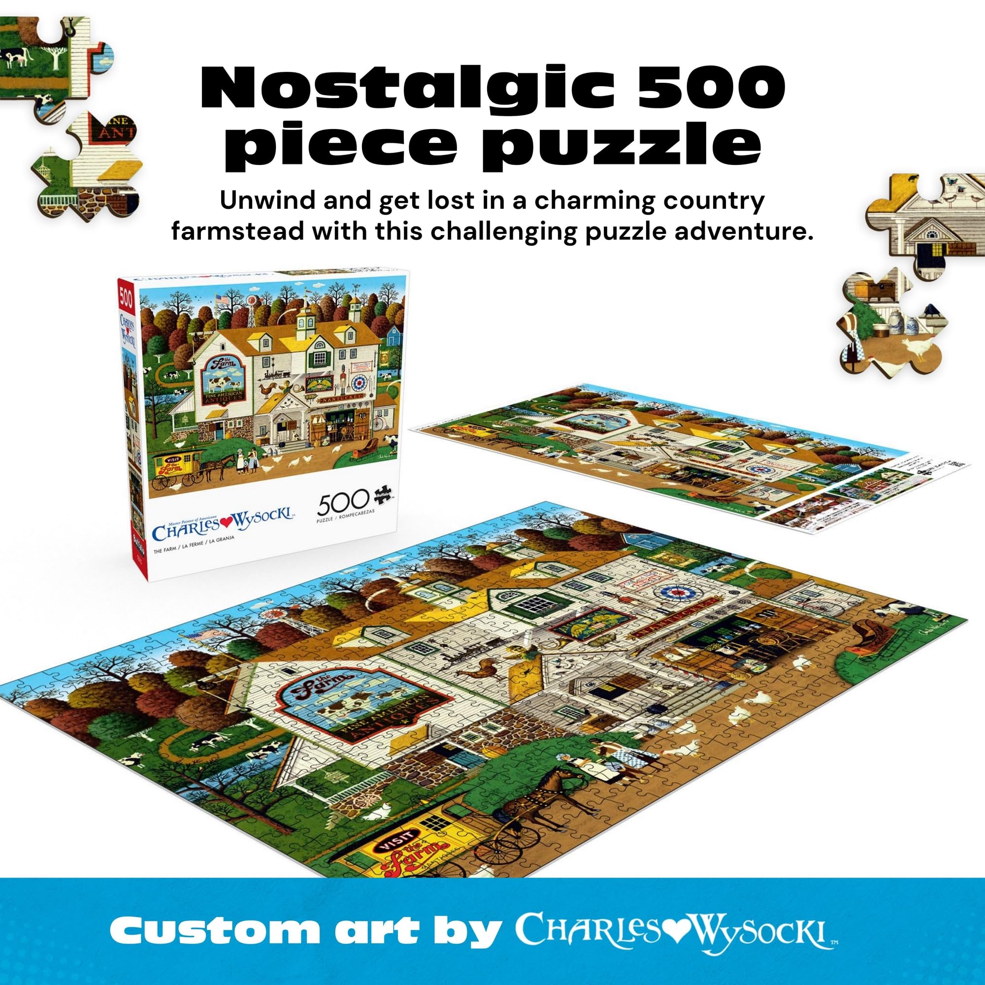 Buffalo Games Charles Wysocki The Farm 500-Piece Jigsaw Puzzle – Americana Art, Perfect Snap Fit, Bonus Poster