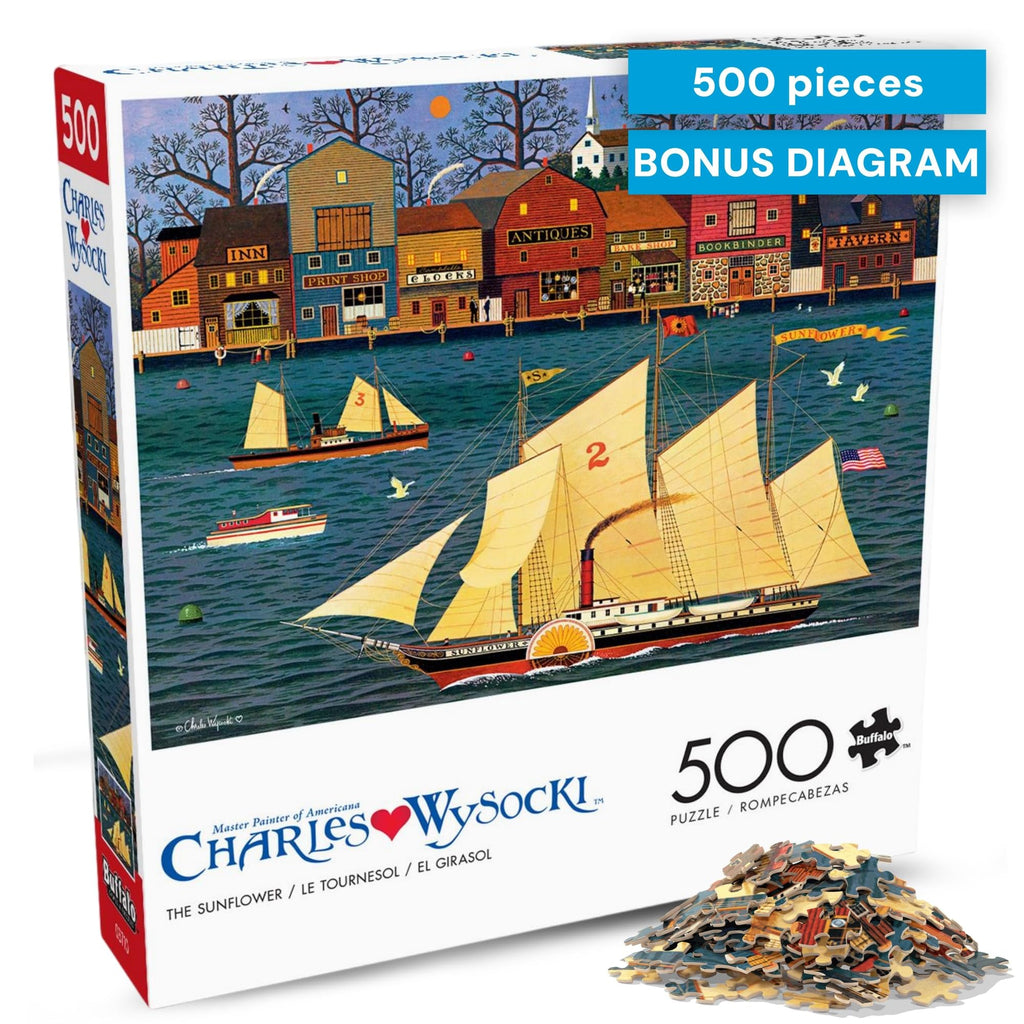 Buffalo Games Charles Wysocki The Sunflower 500-Piece Jigsaw Puzzle – Nautical Harbor Scene with Reference Poster