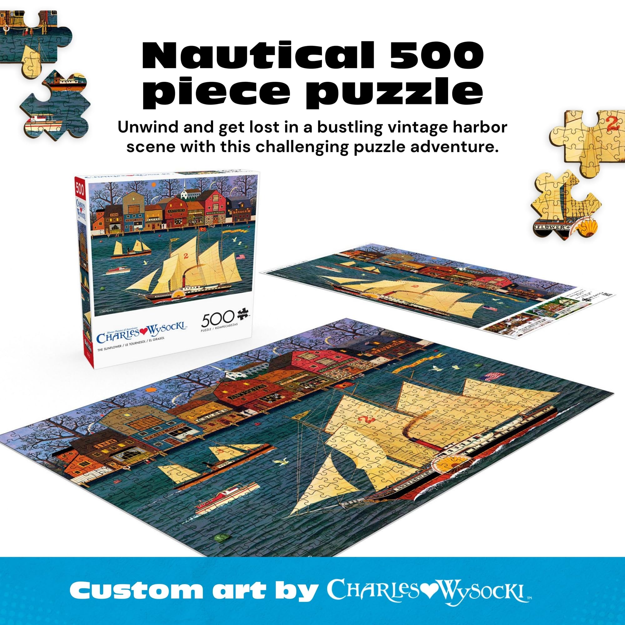 Buffalo Games Charles Wysocki The Sunflower 500-Piece Jigsaw Puzzle – Nautical Harbor Scene with Reference Poster