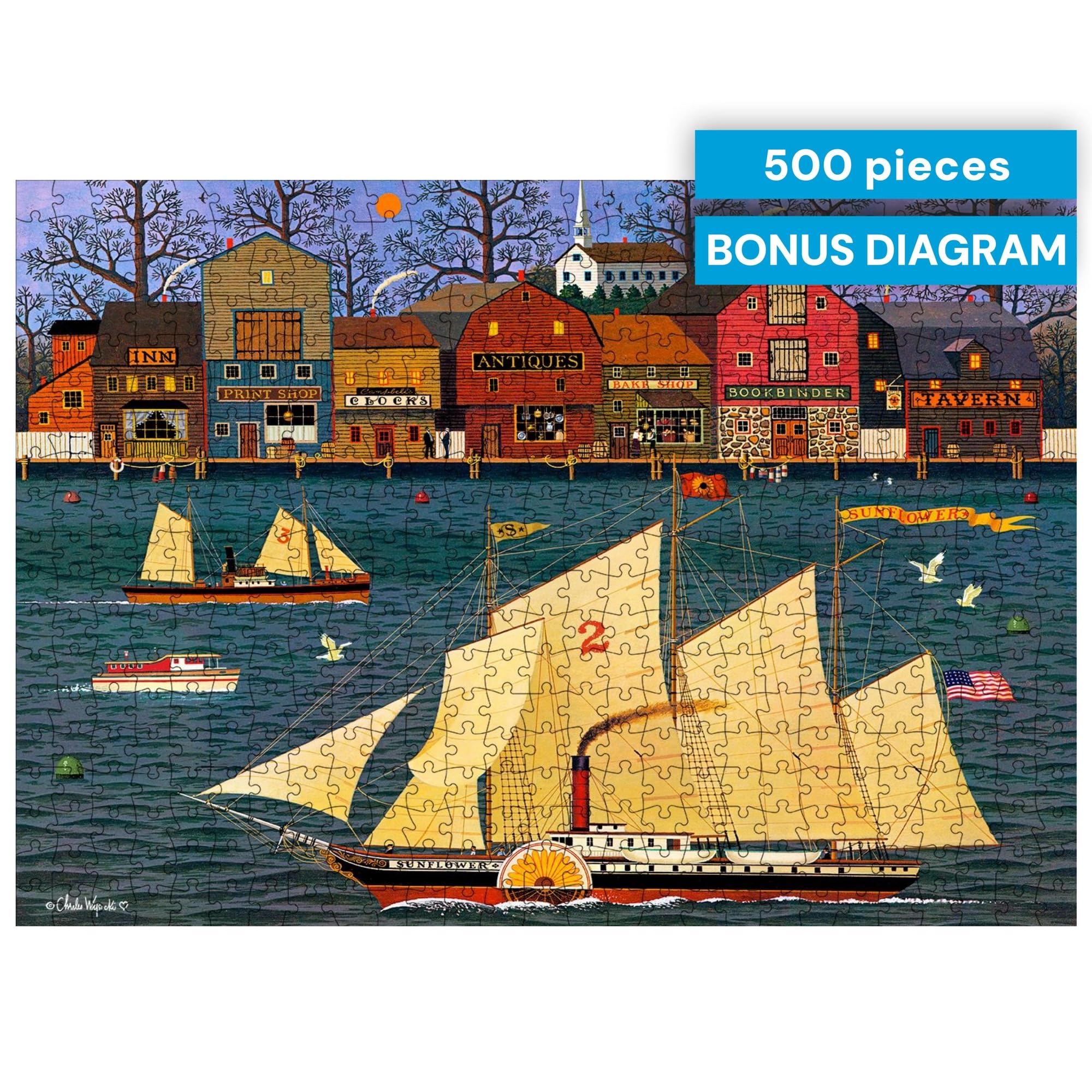 Buffalo Games Charles Wysocki The Sunflower 500-Piece Jigsaw Puzzle – Nautical Harbor Scene with Reference Poster
