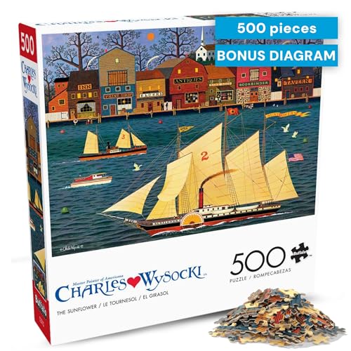 Buffalo Games Charles Wysocki The Sunflower 500-Piece Jigsaw Puzzle – Nautical Harbor Scene with Reference Poster