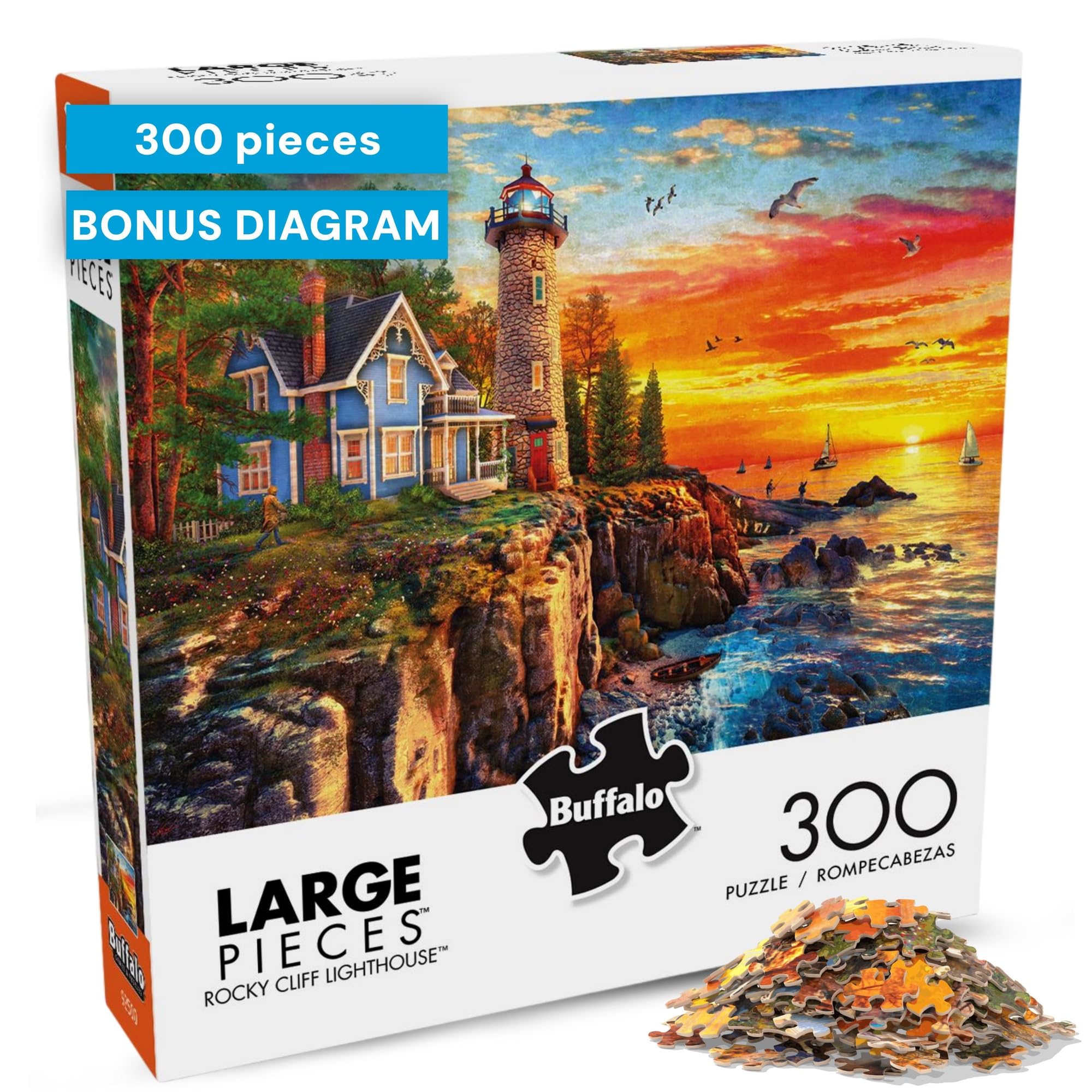 Buffalo Games Dominic Davison Rocky Cliff Lighthouse 300 Piece Jigsaw Puzzle – Oversized Easy-Grasp Pieces, Bonus Poster, 21.25 x 15 in