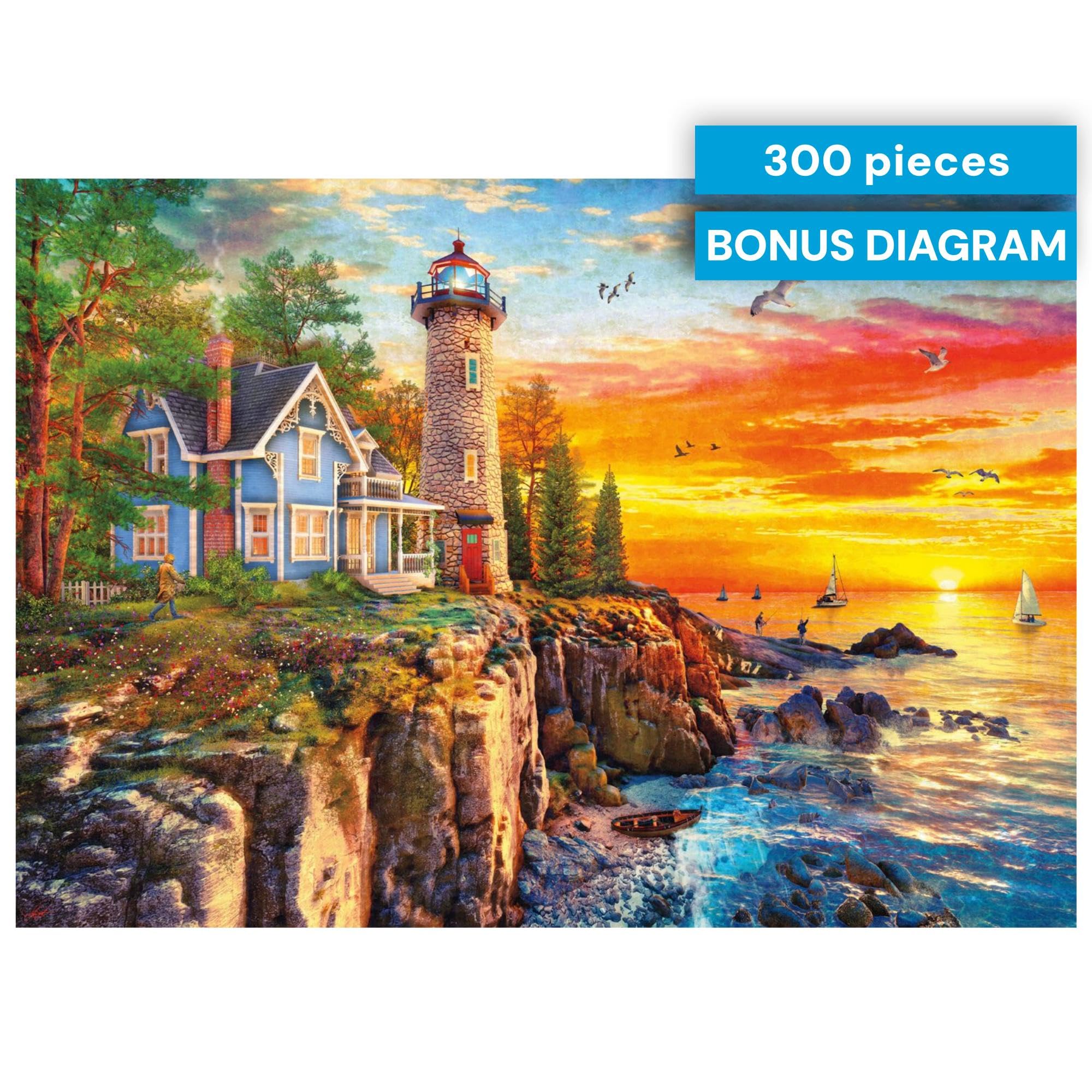 Buffalo Games Dominic Davison Rocky Cliff Lighthouse 300 Piece Jigsaw Puzzle – Oversized Easy-Grasp Pieces, Bonus Poster, 21.25 x 15 in