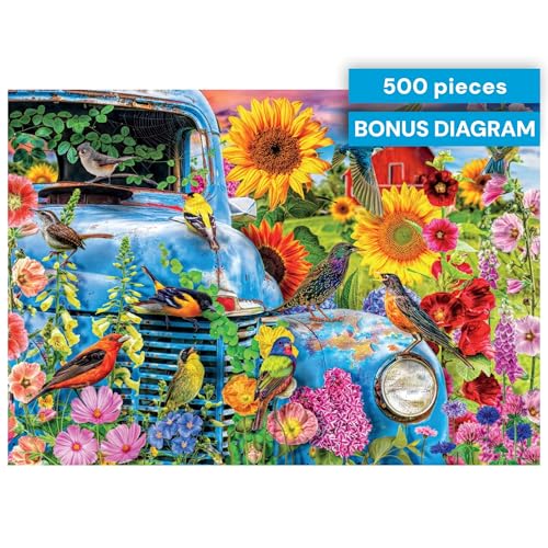 Buffalo Games Songbirds on the Farm 500-Piece Jigsaw Puzzle – Adult Puzzle with Lars Stewart Artwork, Perfect Snap Fit, Bonus Poster, Made in USA