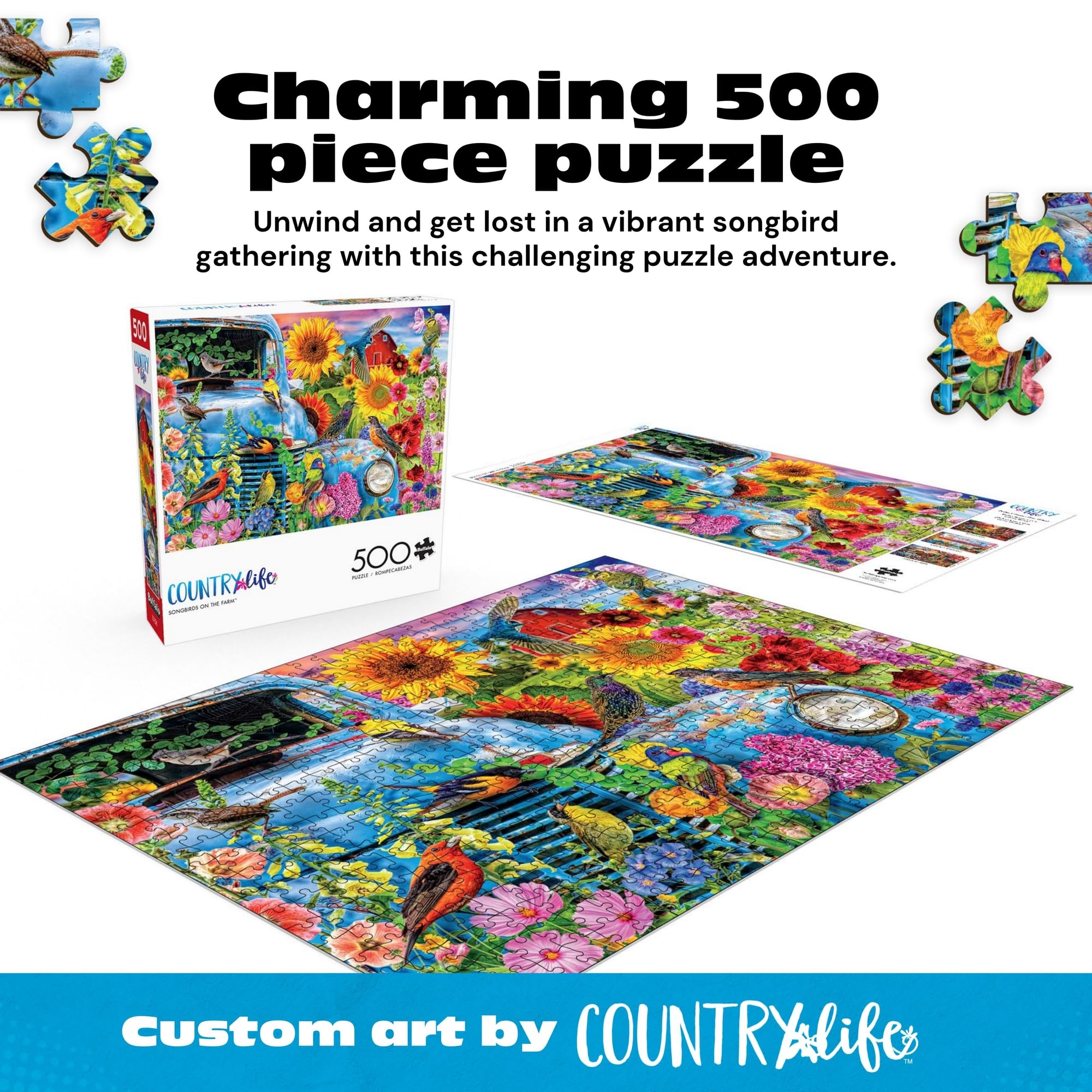 Buffalo Games Songbirds on the Farm 500-Piece Jigsaw Puzzle – Adult Puzzle with Lars Stewart Artwork, Perfect Snap Fit, Bonus Poster, Made in USA