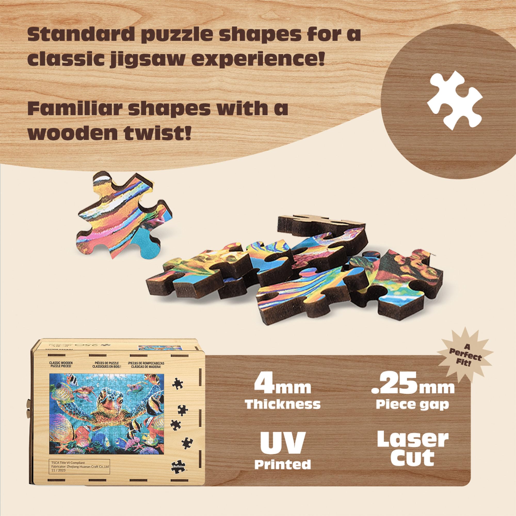 Buffalo Games Tiny Bubbles 250-Piece Wooden Jigsaw Puzzle – Sea Turtle & Tropical Fish Scene