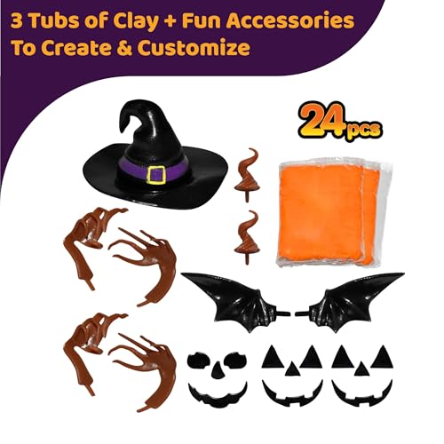 Build Buddiez DIY Jack-O-Lantern Craft Kit – 3 Pack: Air-Dry Clay Halloween Activity for Kids Ages 5+