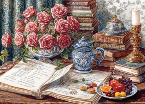 Bullglesup 1000-Piece Jigsaw Puzzle – Books and Roses Design with Poster, Recycled Cardboard, Letter-Back Pieces, 27.5x19.6 Inches