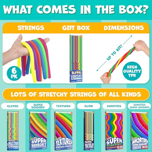 BUNMO Stretchy Strings 6-Pack: Sensory Fidget Toy for Kids 3+ – Latex-Free, Non-Mouthable