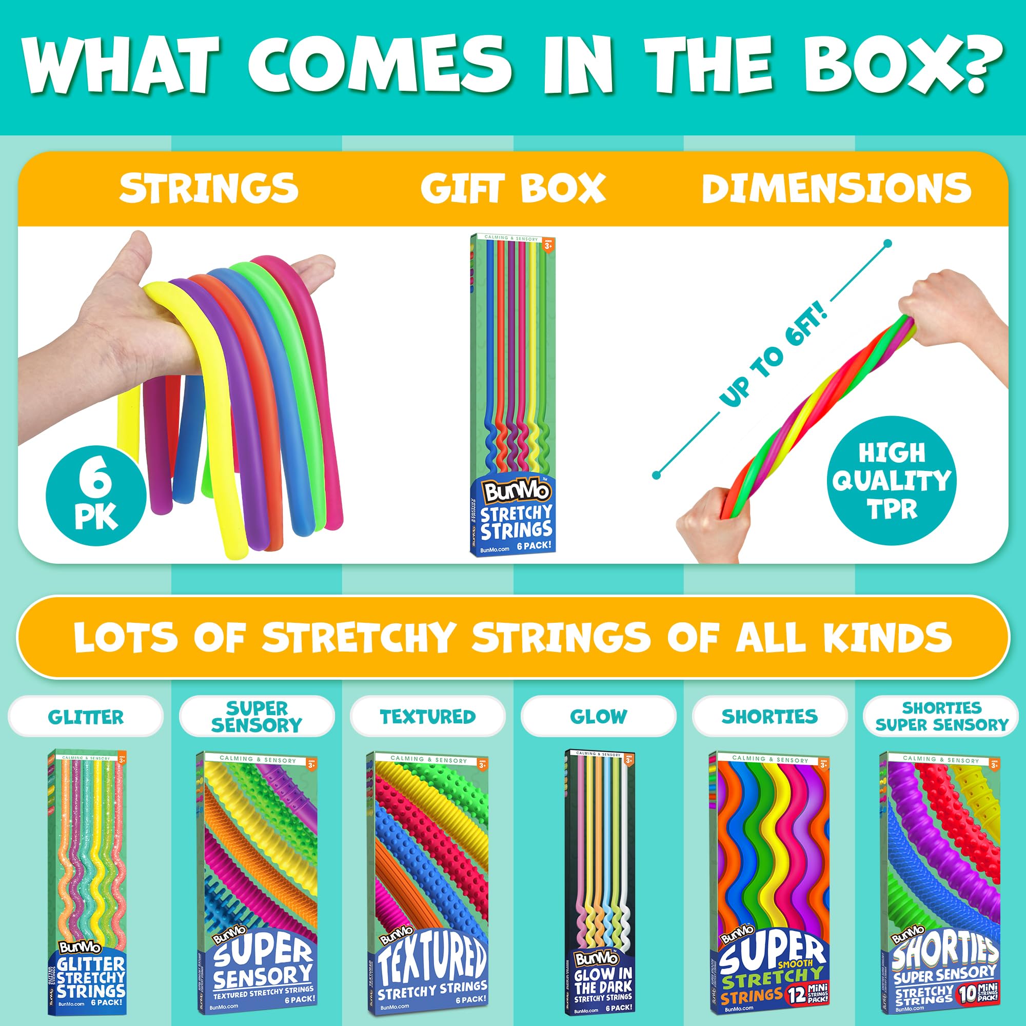 BUNMO Stretchy Strings 6-Pack: Sensory Fidget Toy for Kids 3+ – Latex-Free, Non-Mouthable