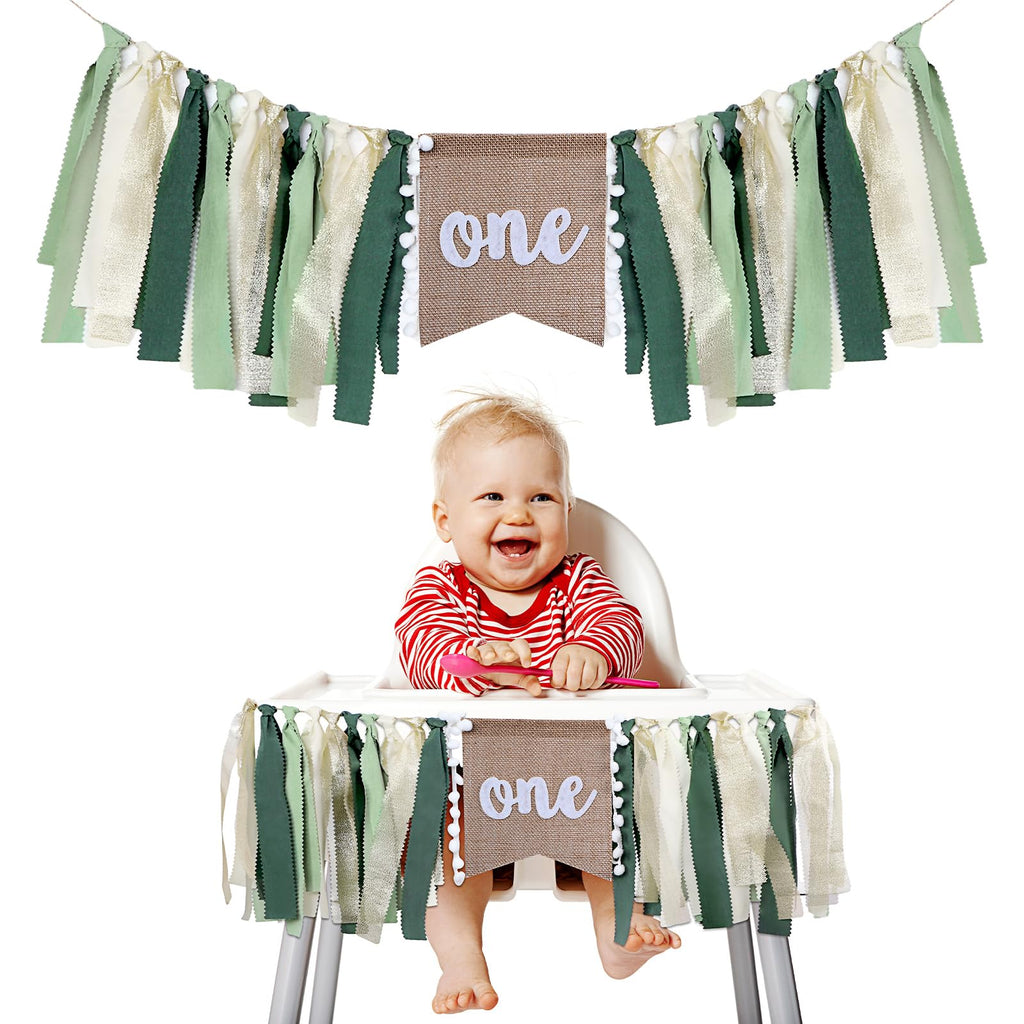 Buryeah 1st Birthday Highchair Banner – 80 inch Burlap Jungle Theme in Green Tan