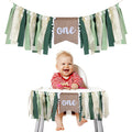 Buryeah 1st Birthday Highchair Banner – 80 inch Burlap Jungle Theme in Green Tan