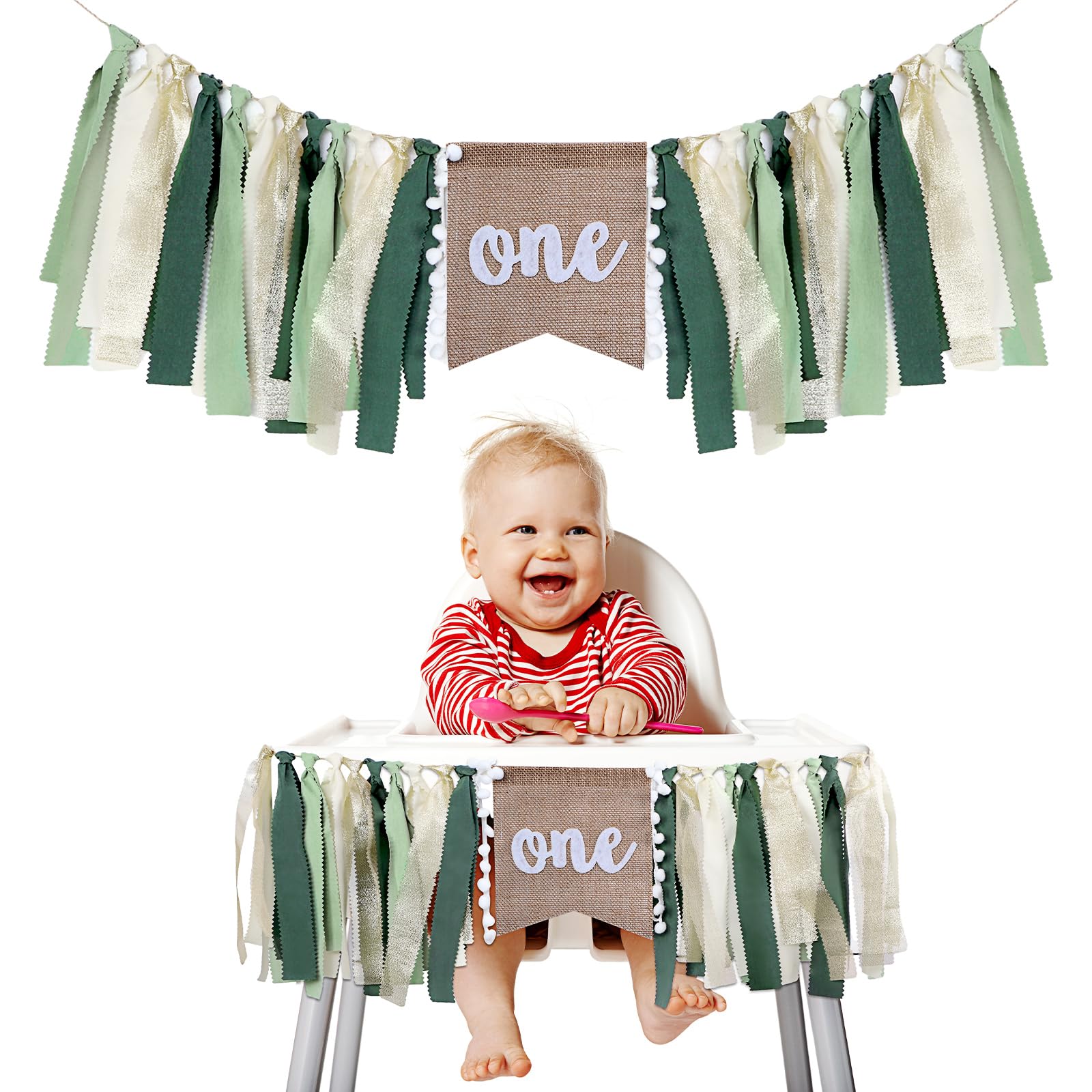 Buryeah 1st Birthday Highchair Banner – 80 inch Burlap Jungle Theme in Green Tan