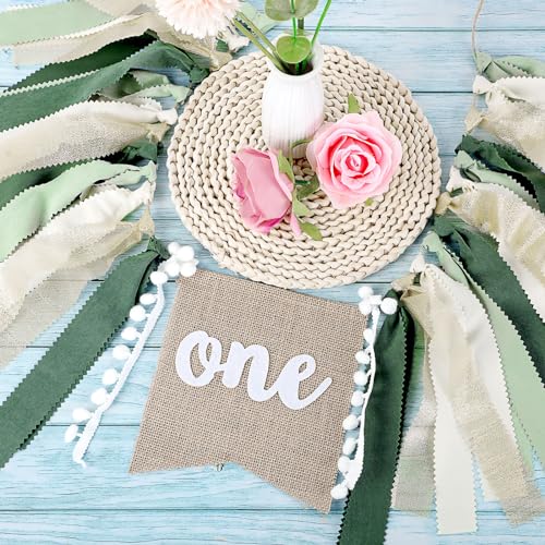 Buryeah 1st Birthday Highchair Banner – 80 inch Burlap Jungle Theme in Green Tan